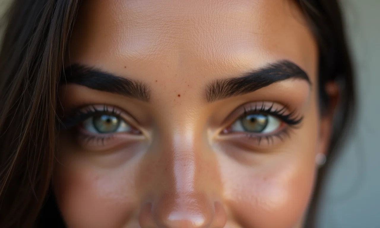 Sobrancelhas naturais e bem cuidadas, maquiagem leve.