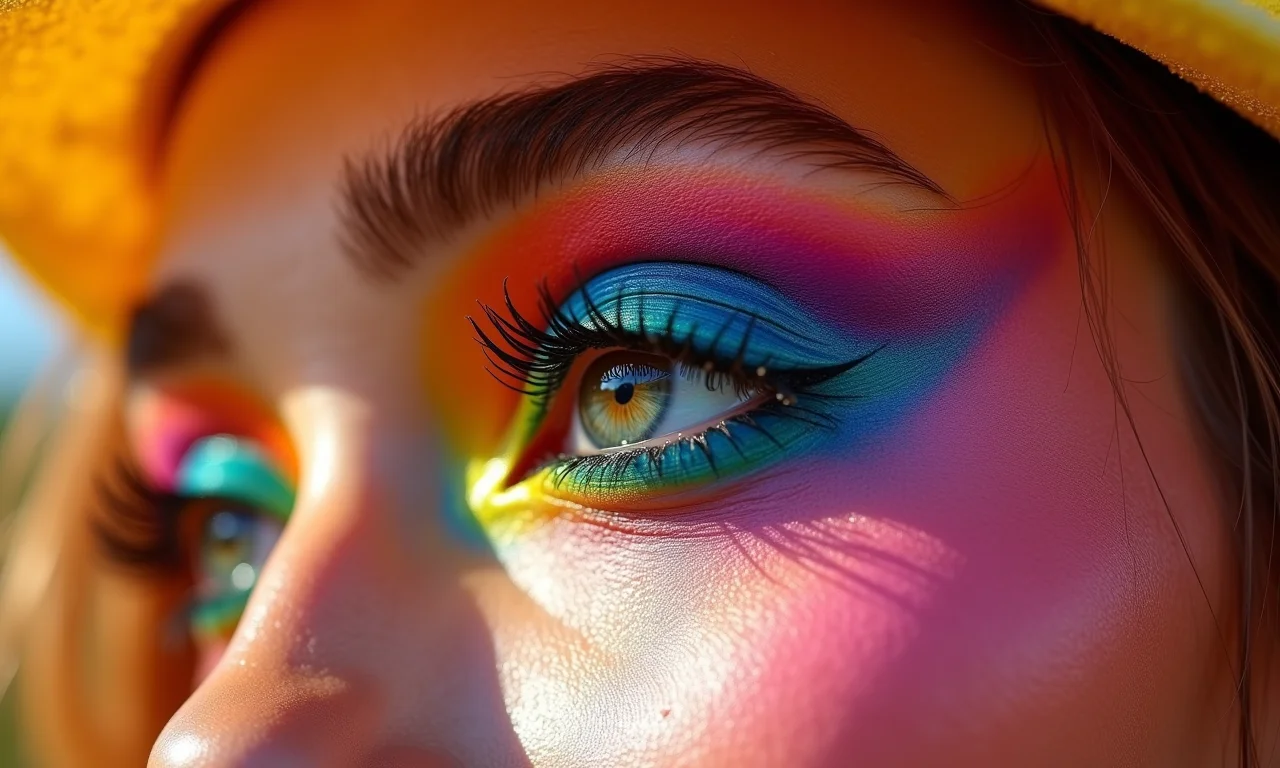 Sombras coloridas vibrantes em estilo de maquiagem dos anos 70.