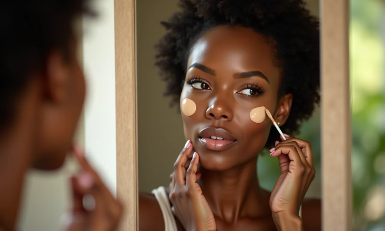 Testando o tom ideal de corretivo na mandíbula sob luz natural.