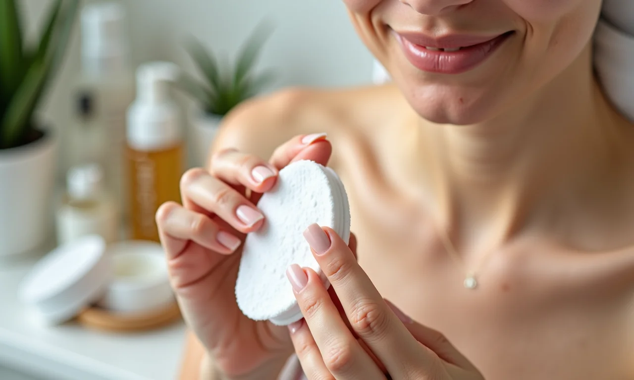 Tônico adstringente sendo aplicado no rosto com algodão.