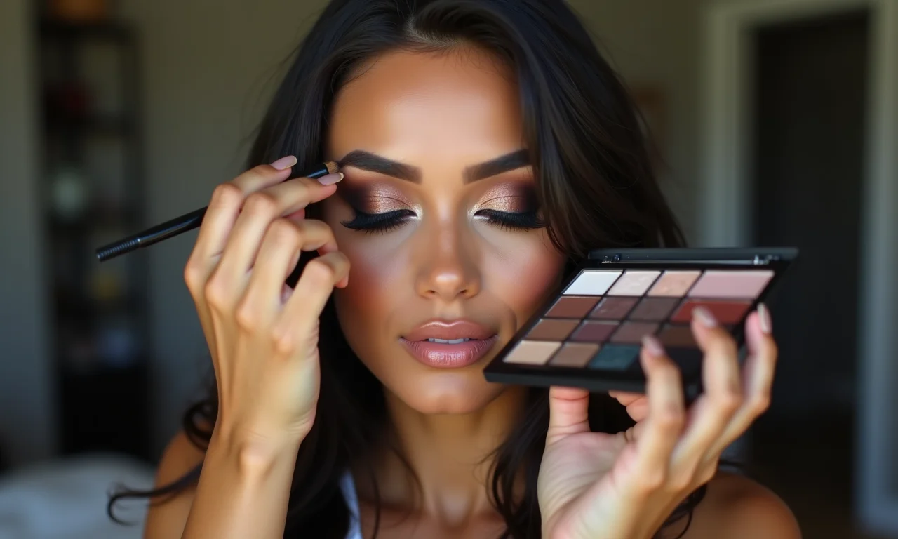 Tutorial de maquiagem com olhos esfumados em tons escuros.