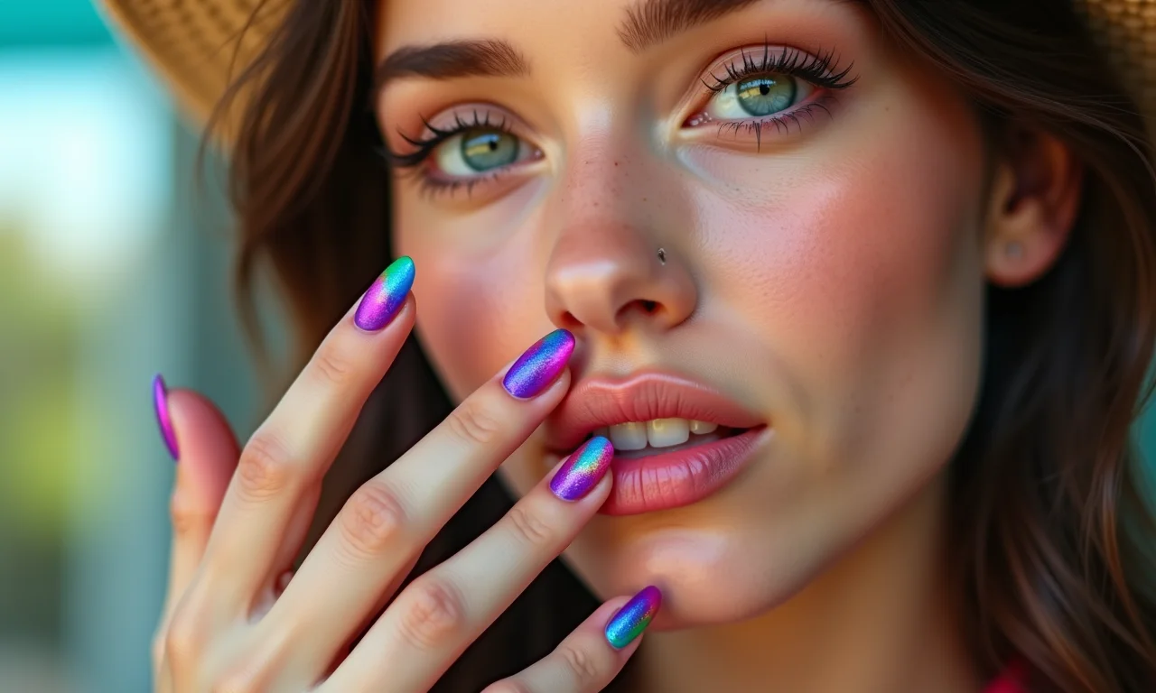 Unhas decoradas no estilo vaporwave.