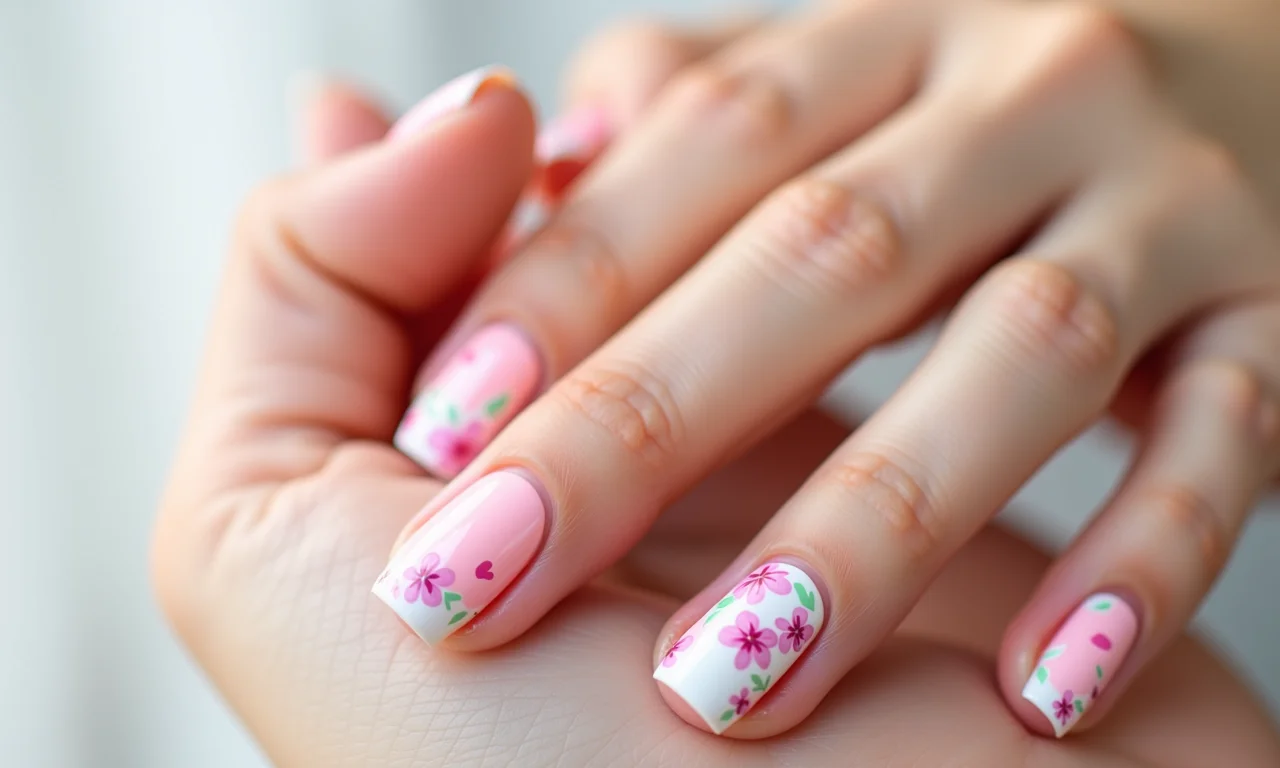 Unhas delicadas com arte em tons pastel.
