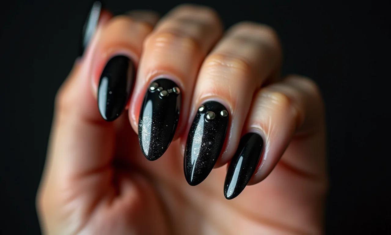Unhas escuras e decoradas para um visual rock completo.