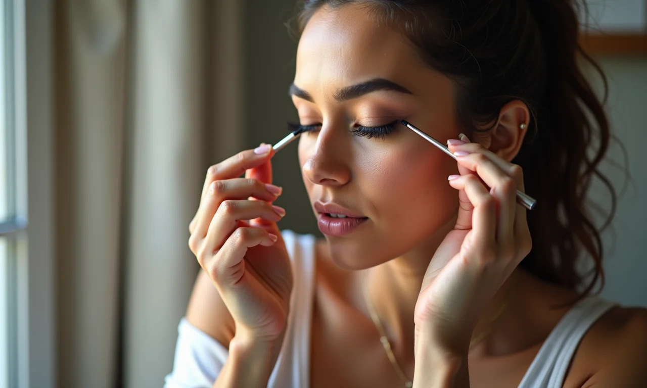 Usando delineador magnético para facilitar a aplicação dos cílios.