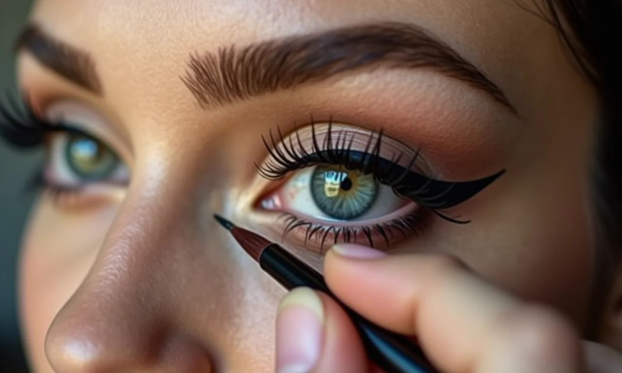 Usando pincel fino para detalhes no delineado.