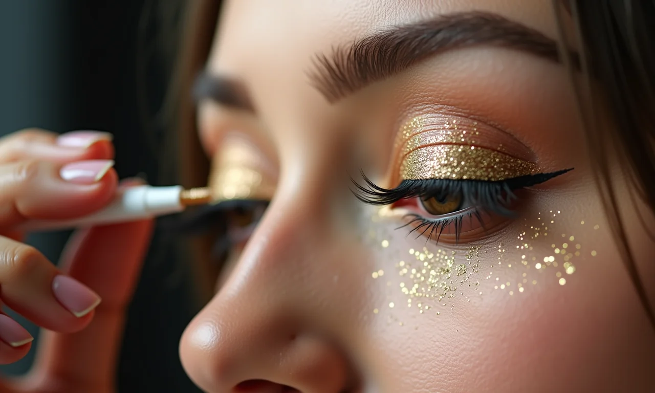 Utilizando cola para glitter na aplicação da maquiagem.