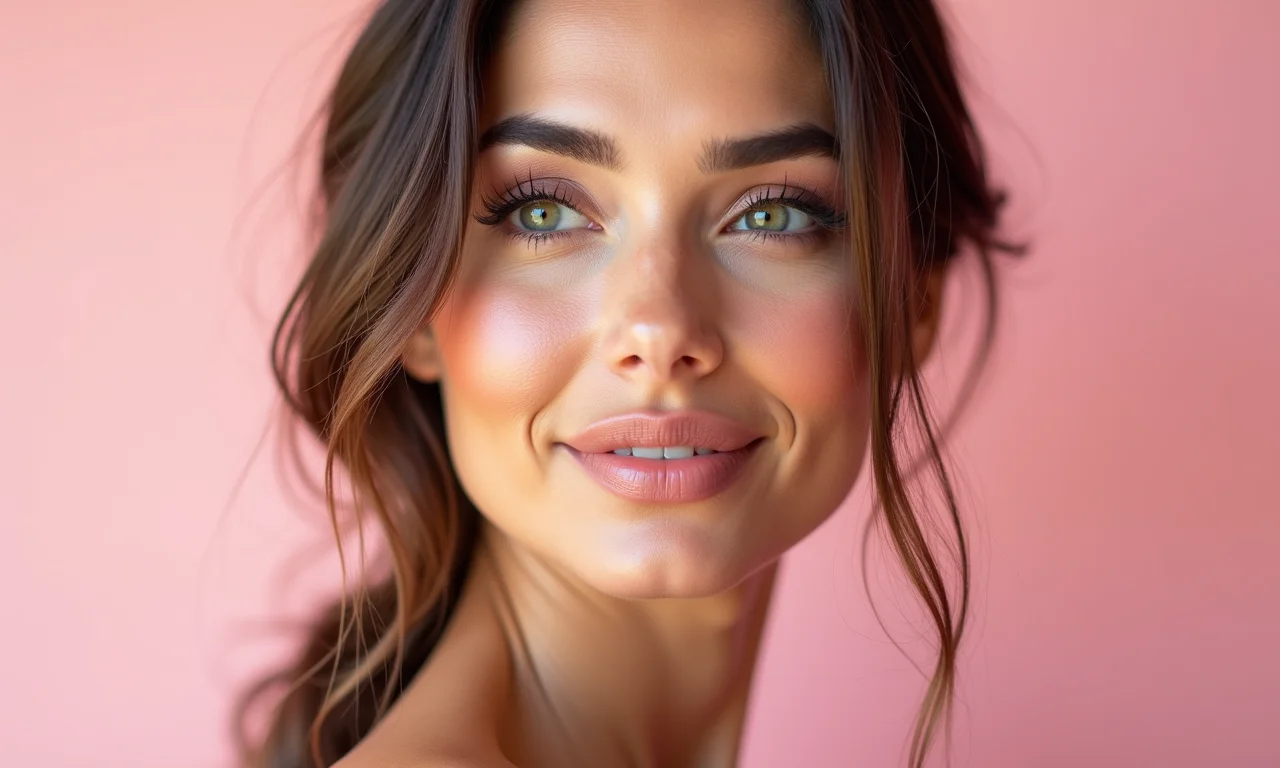 Visual moderno com maquiagem rosa médio em uma mulher.